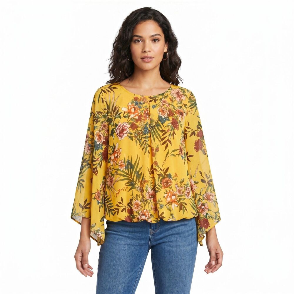 AGB Mustard Cold Shoulder Floral Blouse XL